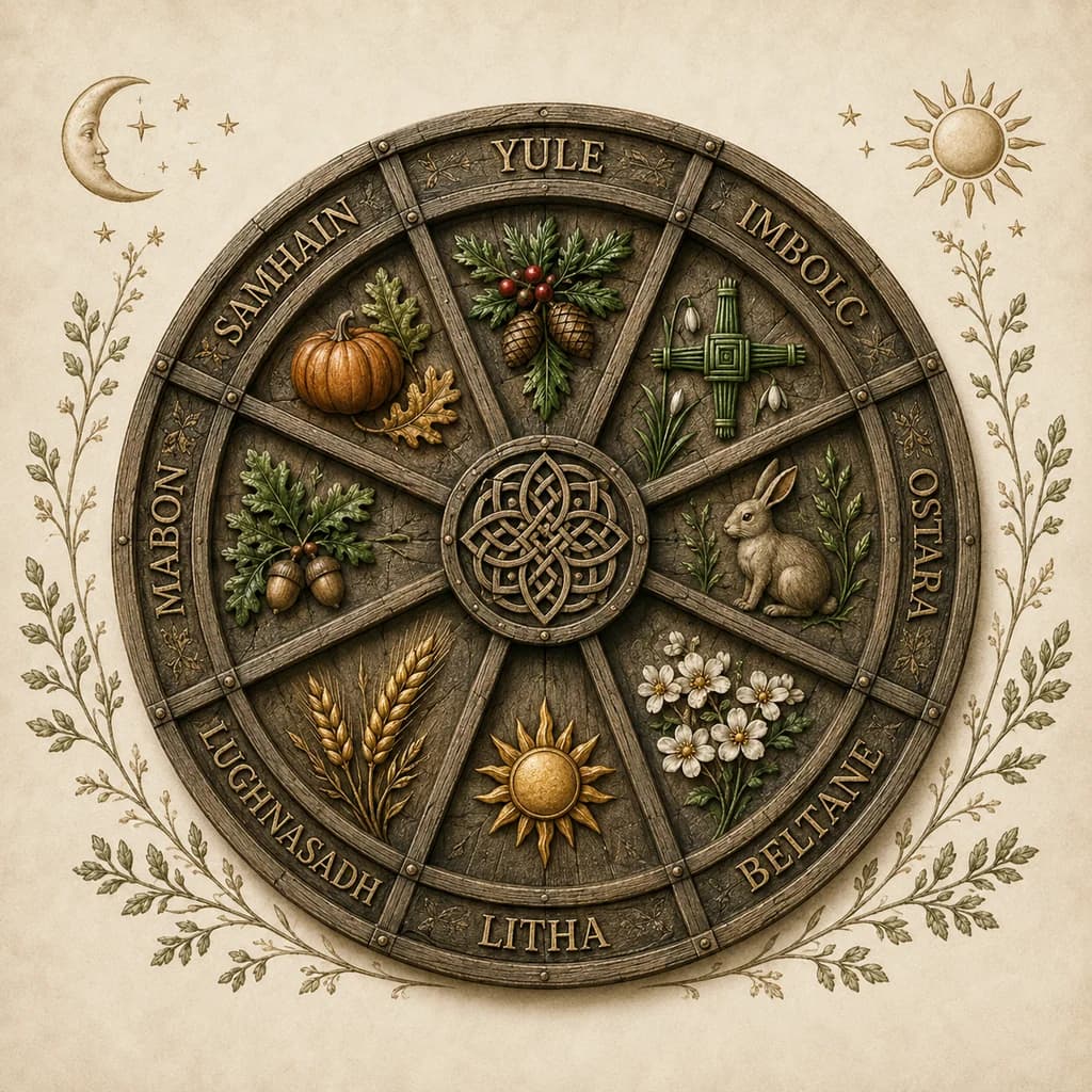 The Celtic Wheel of the Year — eight festivals carved on a wooden disc