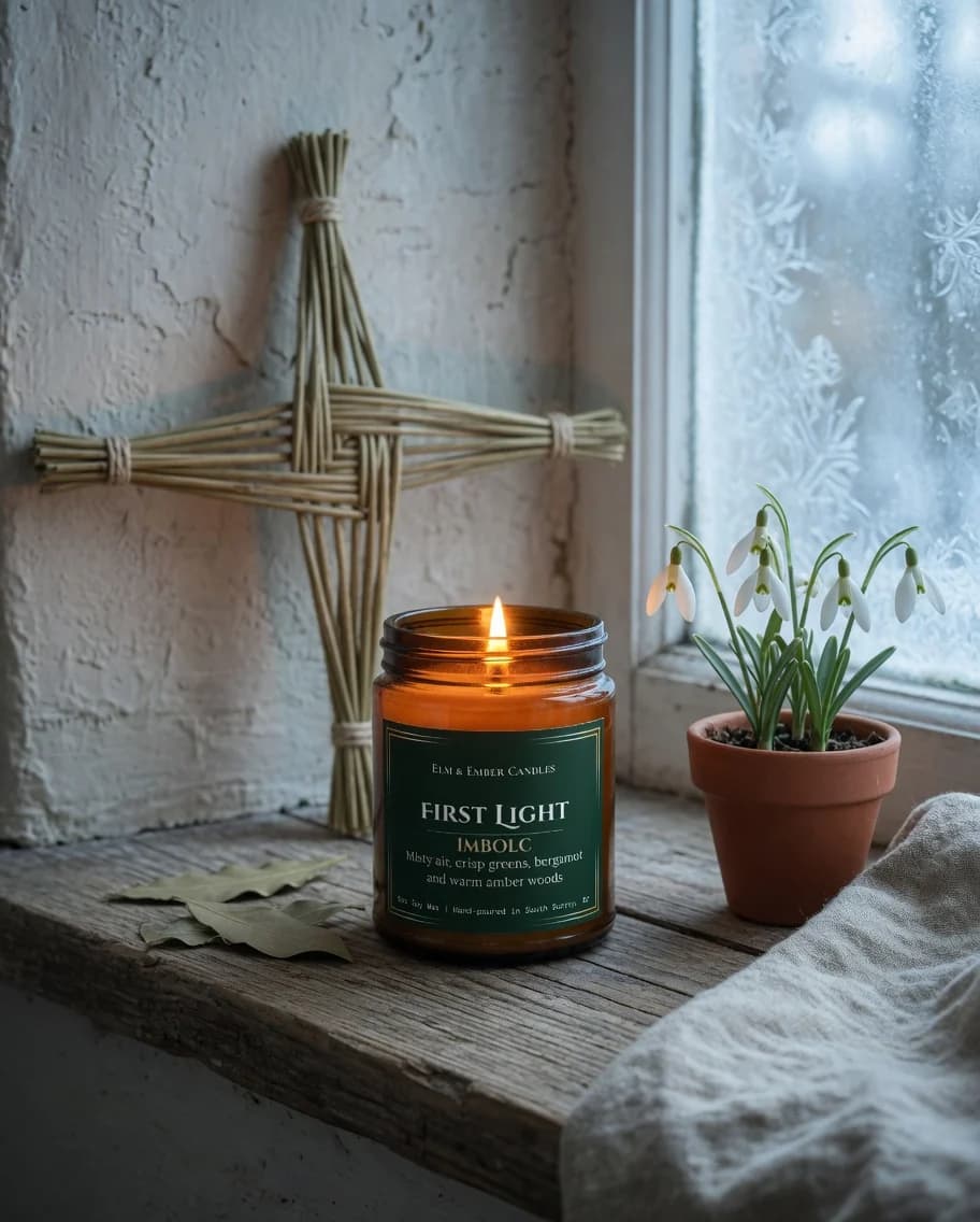 First Light candle on a winter windowsill with a Brigid’s cross and snowdrops