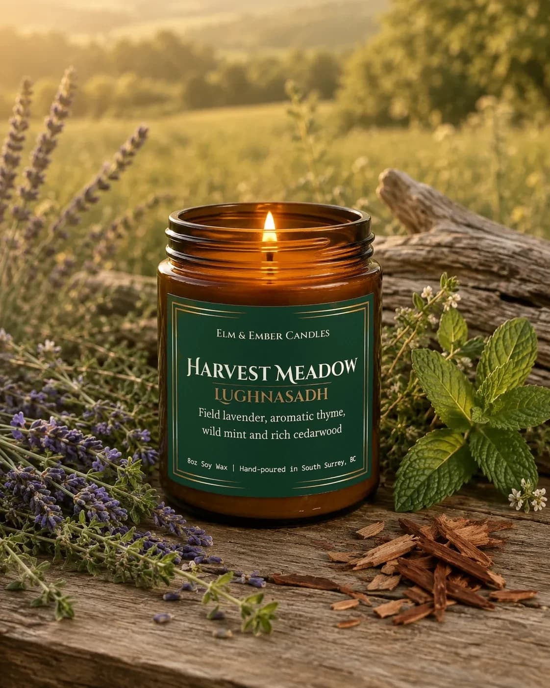 Harvest Meadow candle in a lavender field