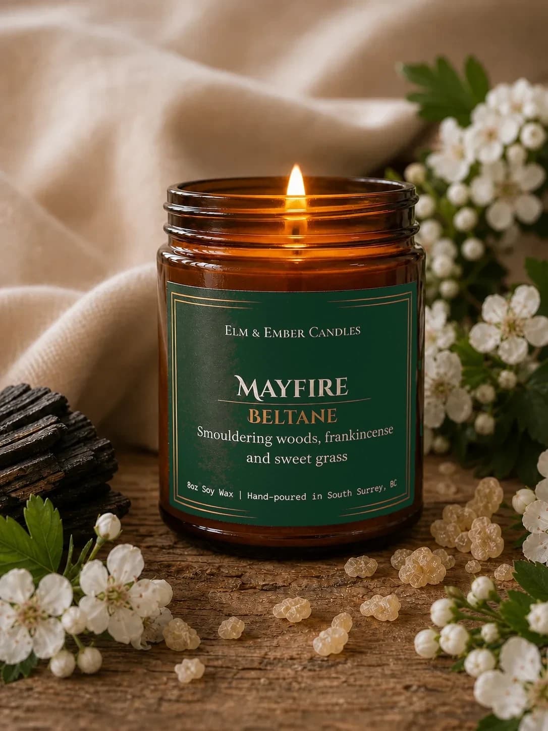 Mayfire candle with hawthorn and resin