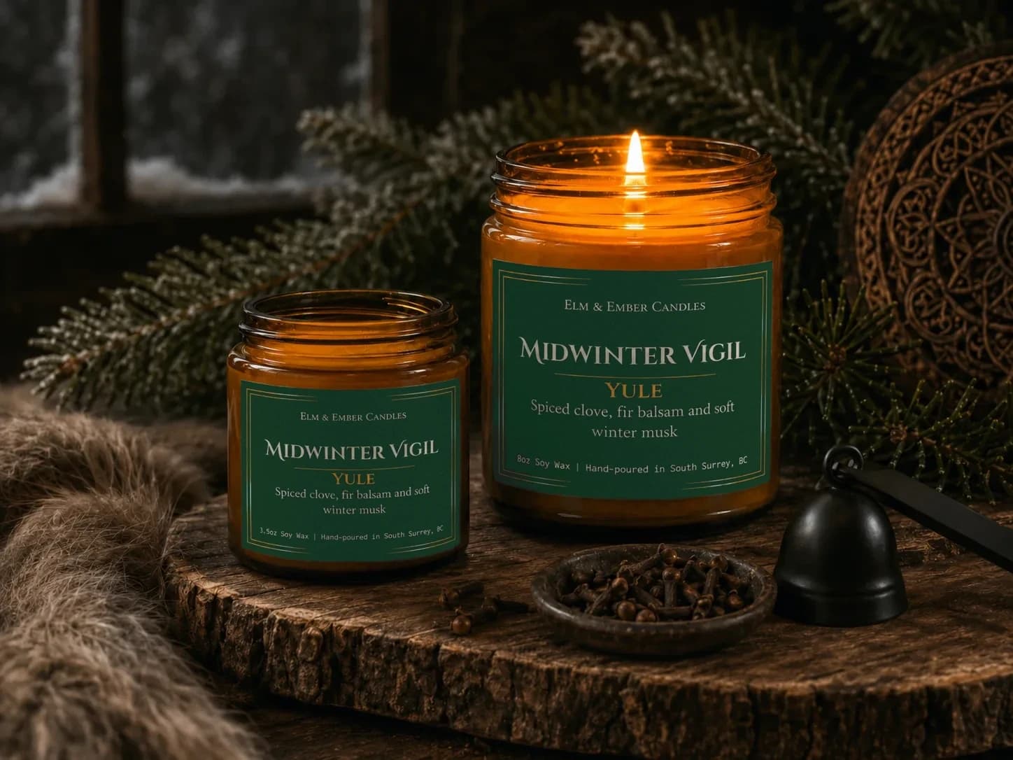 Midwinter Vigil candles on a wooden round with fir and cloves