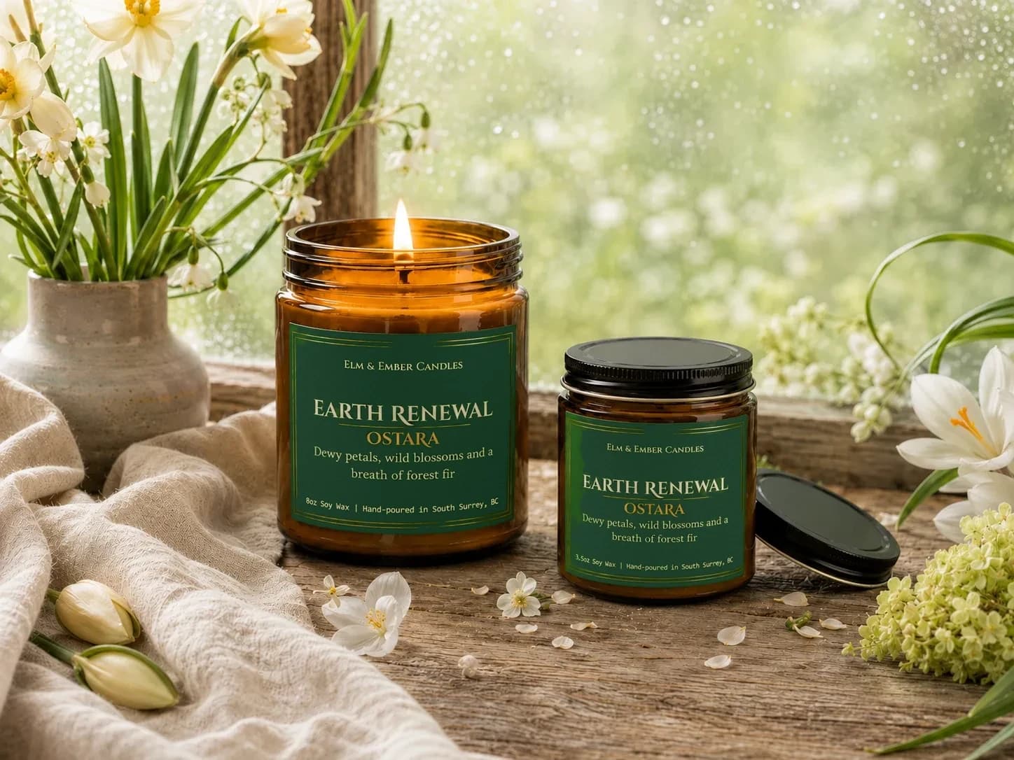 Earth Renewal candles on a windowsill with spring flowers