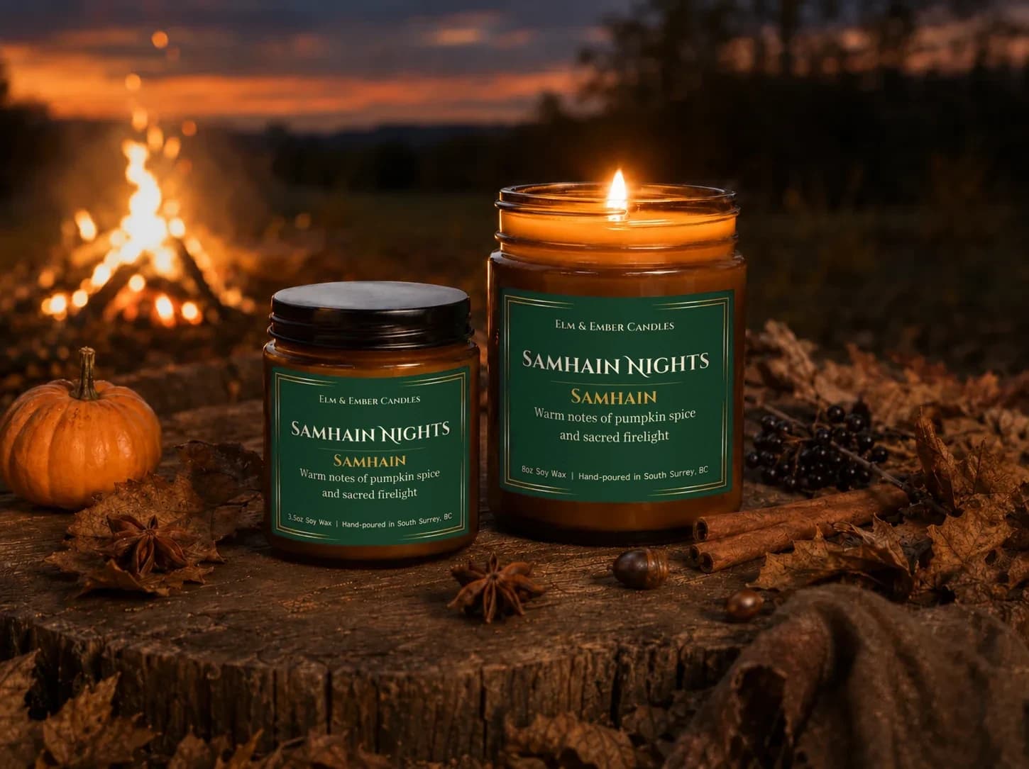 Samhain Nights candles beside an autumn bonfire