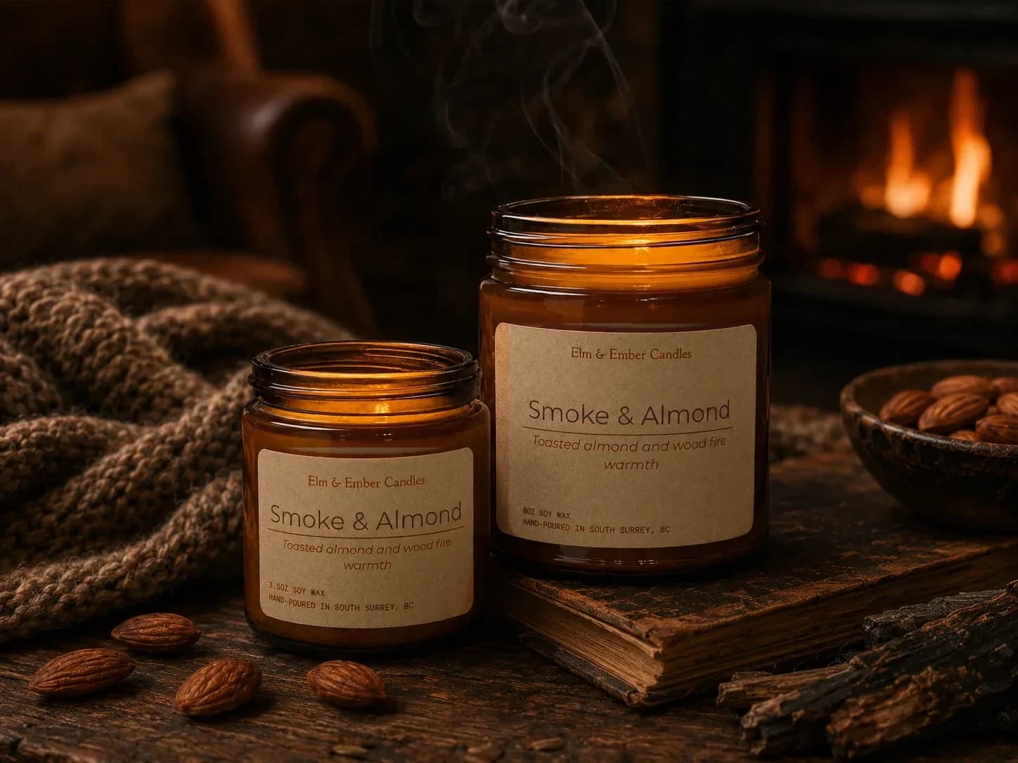 Smoke & Almond candles by a fireplace with knitwear and almonds