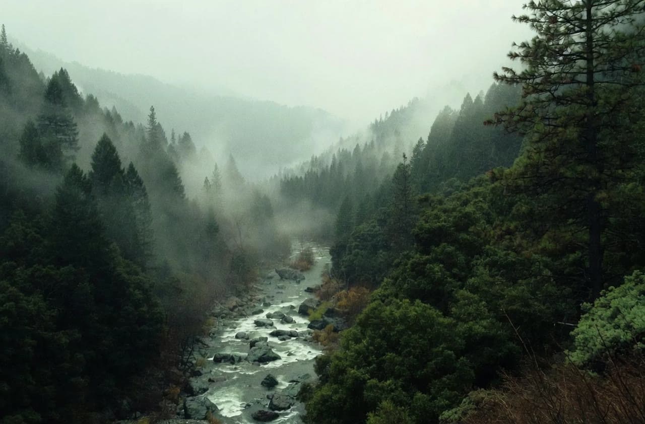 Mist drifting through an evergreen valley