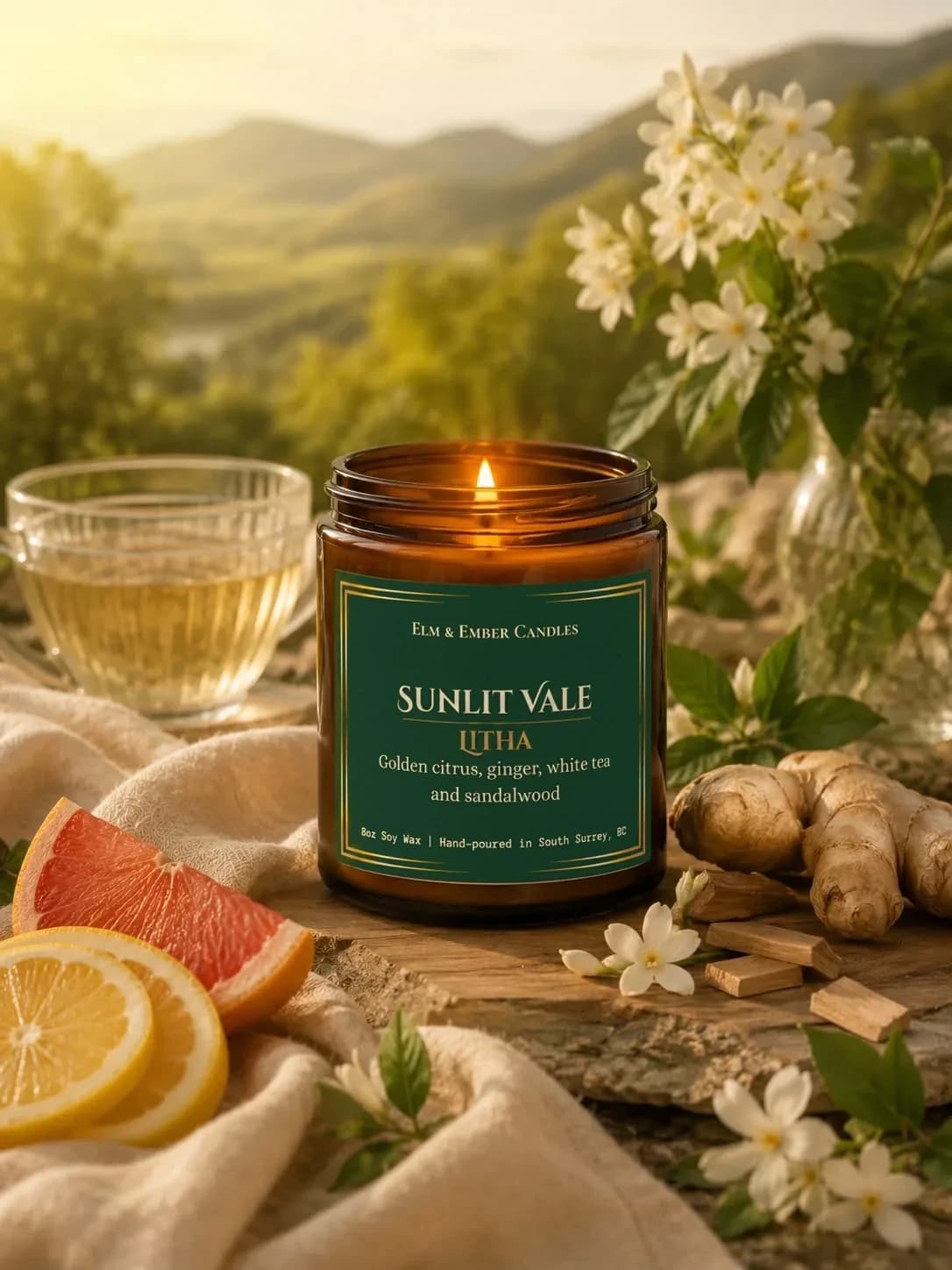 Sunlit Vale candle in a summer valley with citrus and ginger